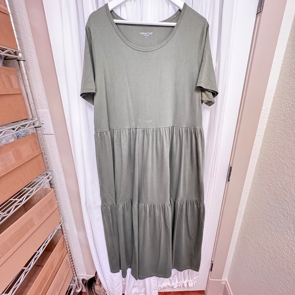 Coldwater Creek Forest Green Pima Cotton Tiered Midi Dress Short Sleeve XL 18316